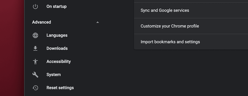 قسم الإعدادات المتقدمة في Chrome.