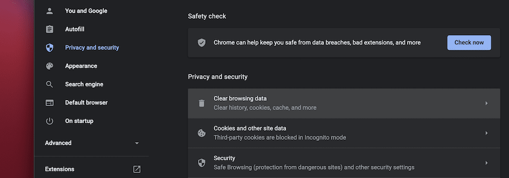 خيارات مسح بيانات التصفح في Chrome.