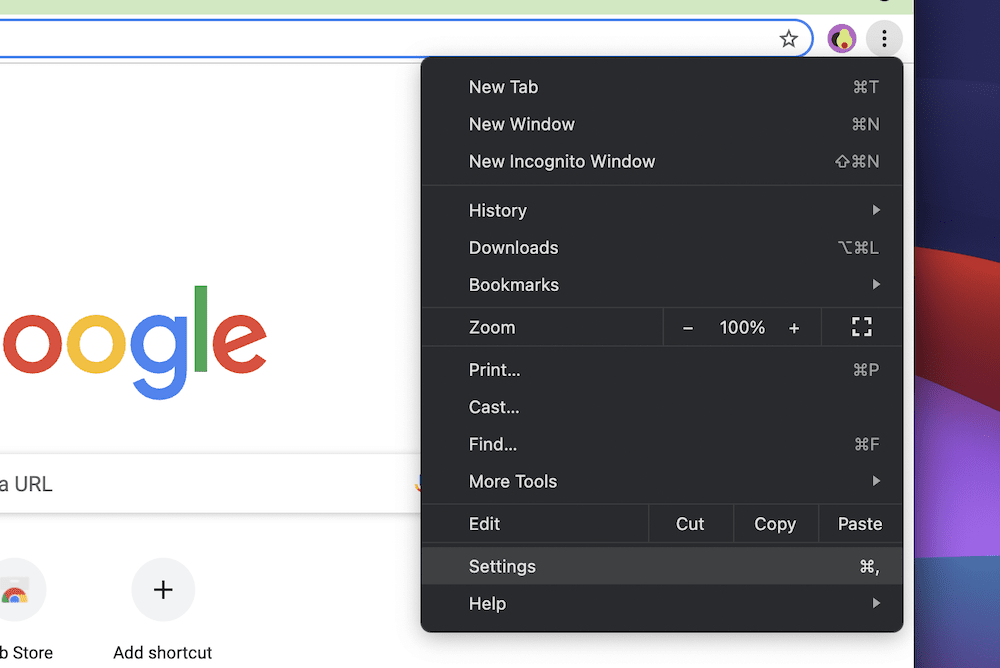رابط إعدادات Chrome.