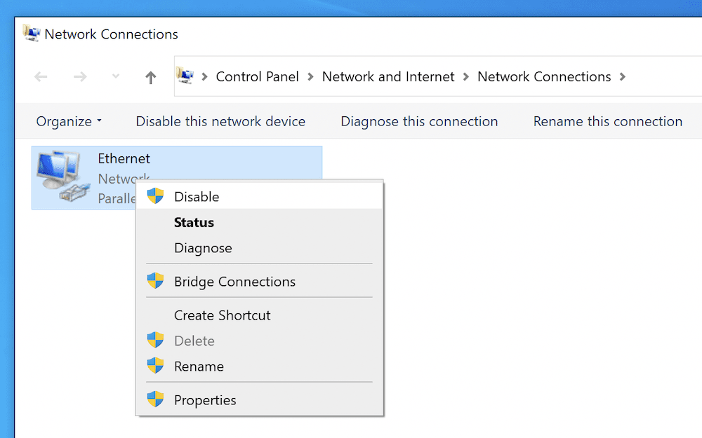قائمة السياق للاتصال الأساسي داخل Windows.