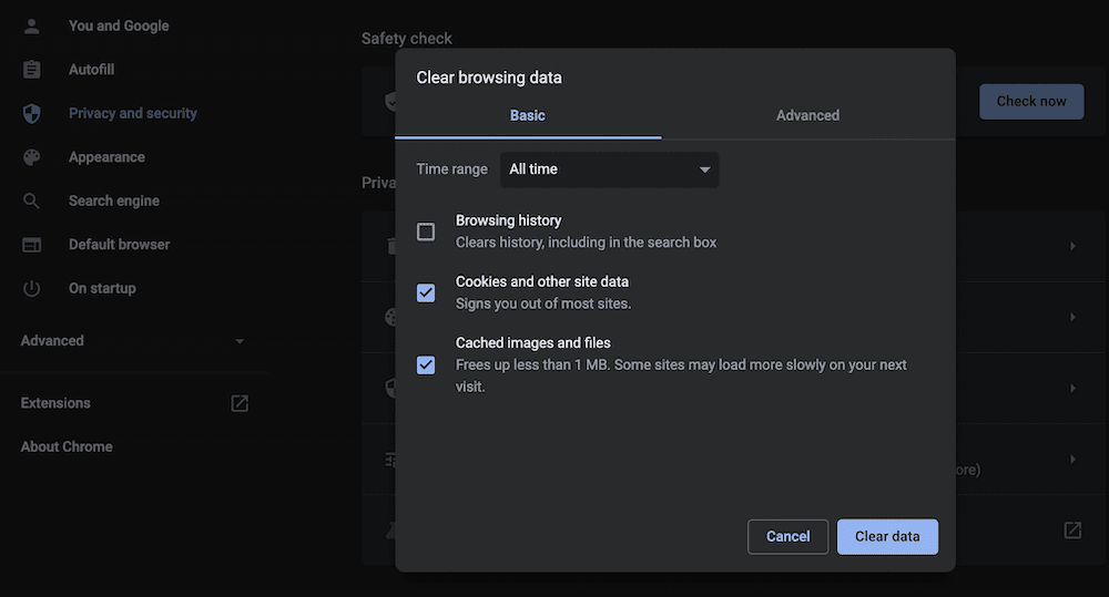 مسح ملفات تعريف الارتباط والبيانات المخزنة مؤقتًا من Chrome.