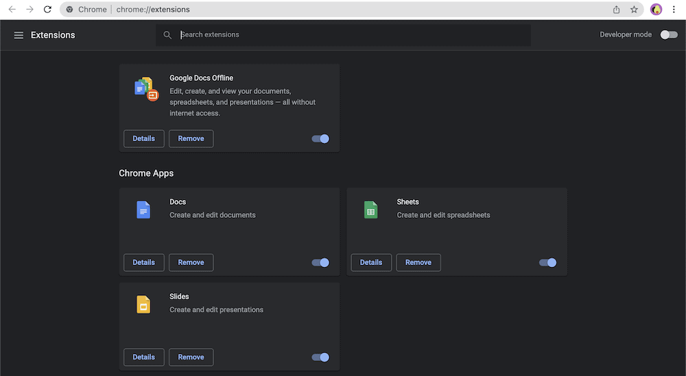 صفحة ملحقات Chrome.