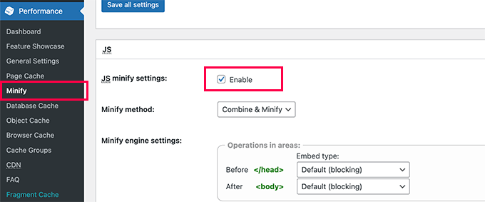 تفعيل JS تصغير في W3 Total Cache Enable JS minify in W3 Total Cache