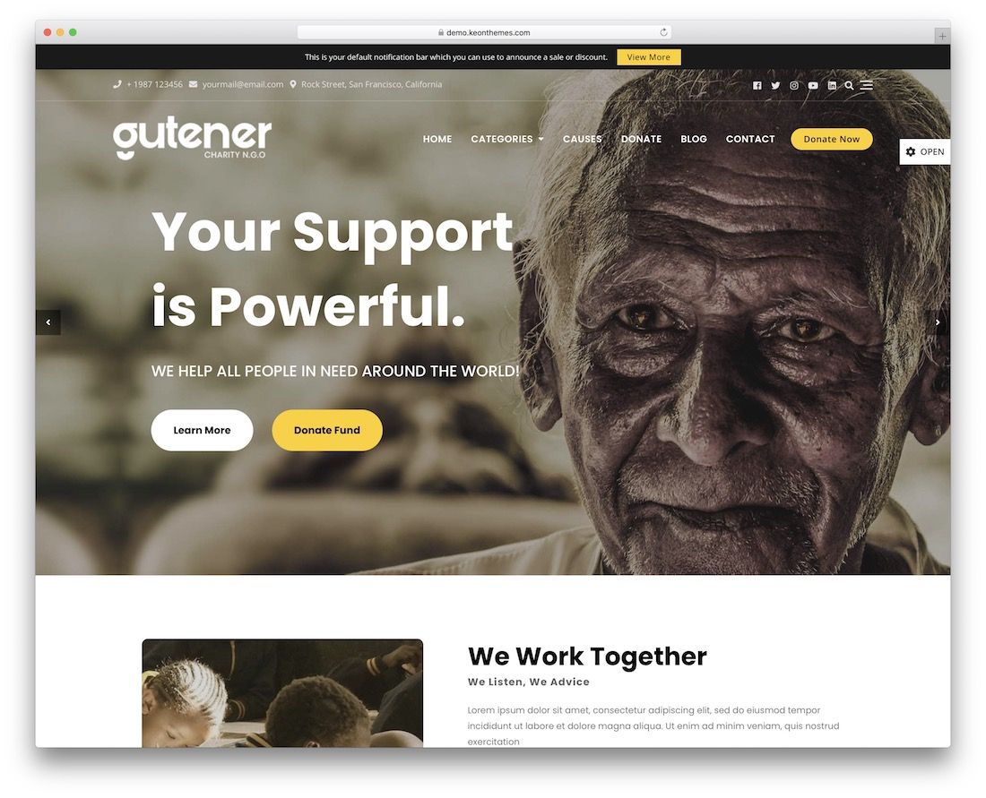 gutener caridad ong tema gratuito de wordpress