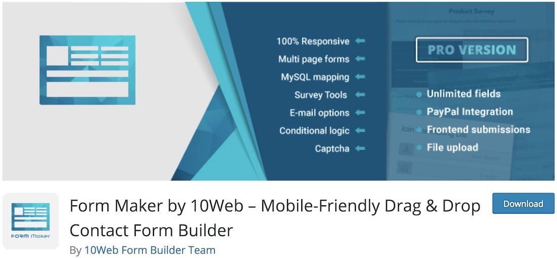 form maker by 10web plug-in de formulário de contato gratuito