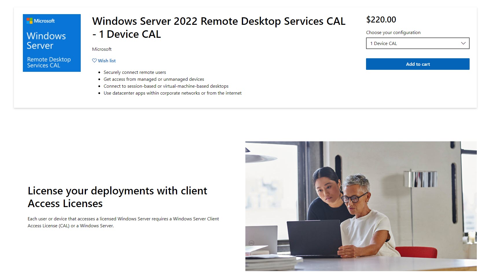 Captura de pantalla de los precios de CAL de Servicios de escritorio remoto de Windows Server 2022
