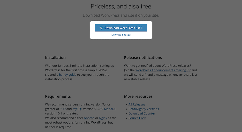 หน้าดาวน์โหลด WordPress.org โดยเน้นที่ปุ่มดาวน์โหลดสีน้ำเงิน