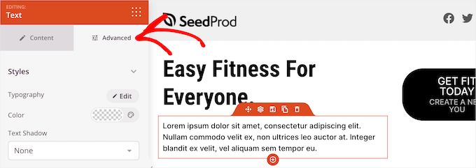 Kliknij zakładkę zaawansowane w kreatorze SeedProd Click advanced tab in SeedProd builder