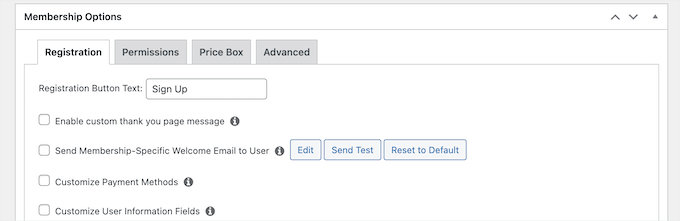 멤버십 옵션 및 권한 메타 상자 Membership option and permissions meta box