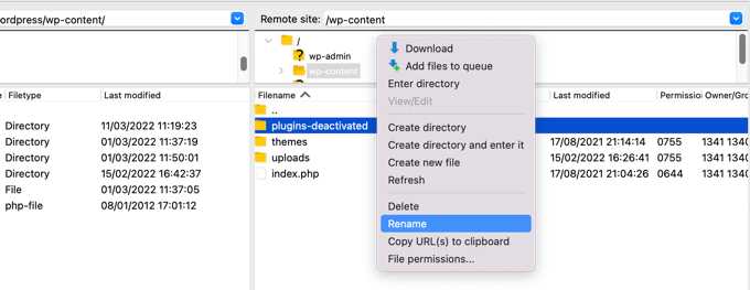 Menggunakan FTP untuk Mengganti Nama Folder Plugin Using FTP to Rename the Plugins Folder