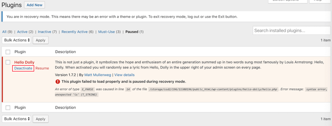 Menggunakan Mode Pemulihan untuk Menonaktifkan Plugin Using Recovery Mode to Deactivate a Plugin