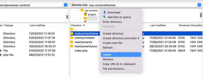 Menggunakan FTP untuk Menghapus Tema Saat Ini Using FTP to Delete the Current Theme