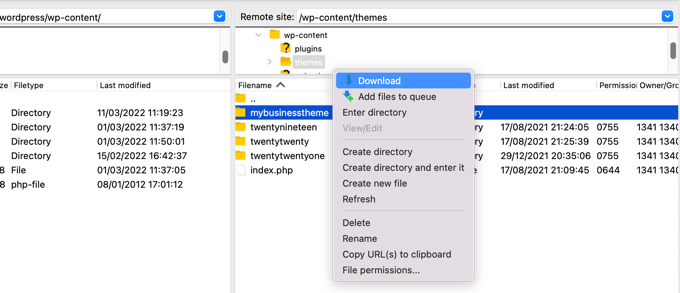 Menggunakan FTP untuk Mengunduh Tema Saat Ini sebagai Cadangan Using FTP to Download the Current Theme as a Backup