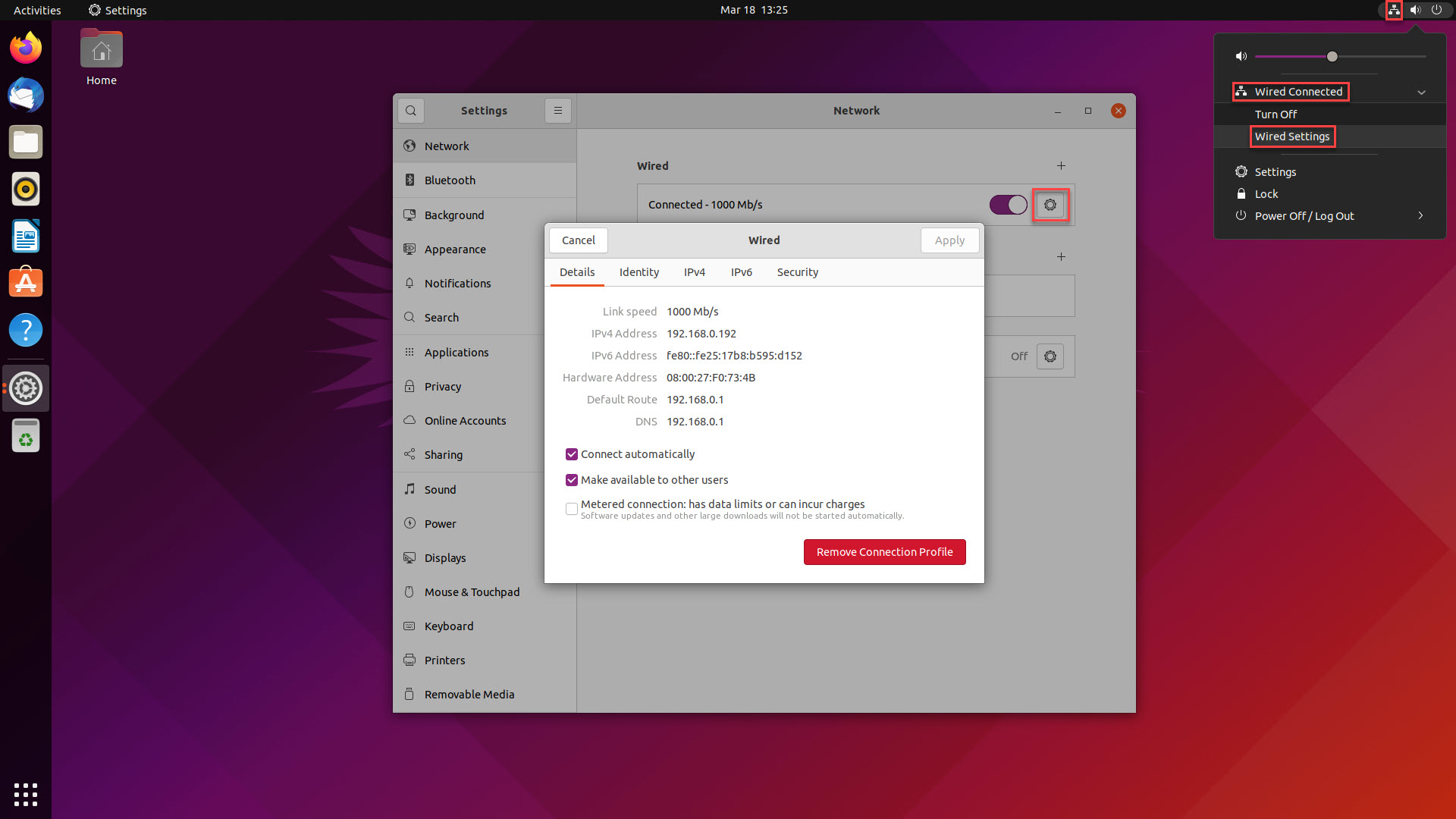 Tangkapan layar Pengaturan Jaringan Ubuntu dengan elemen UI yang relevan disorot