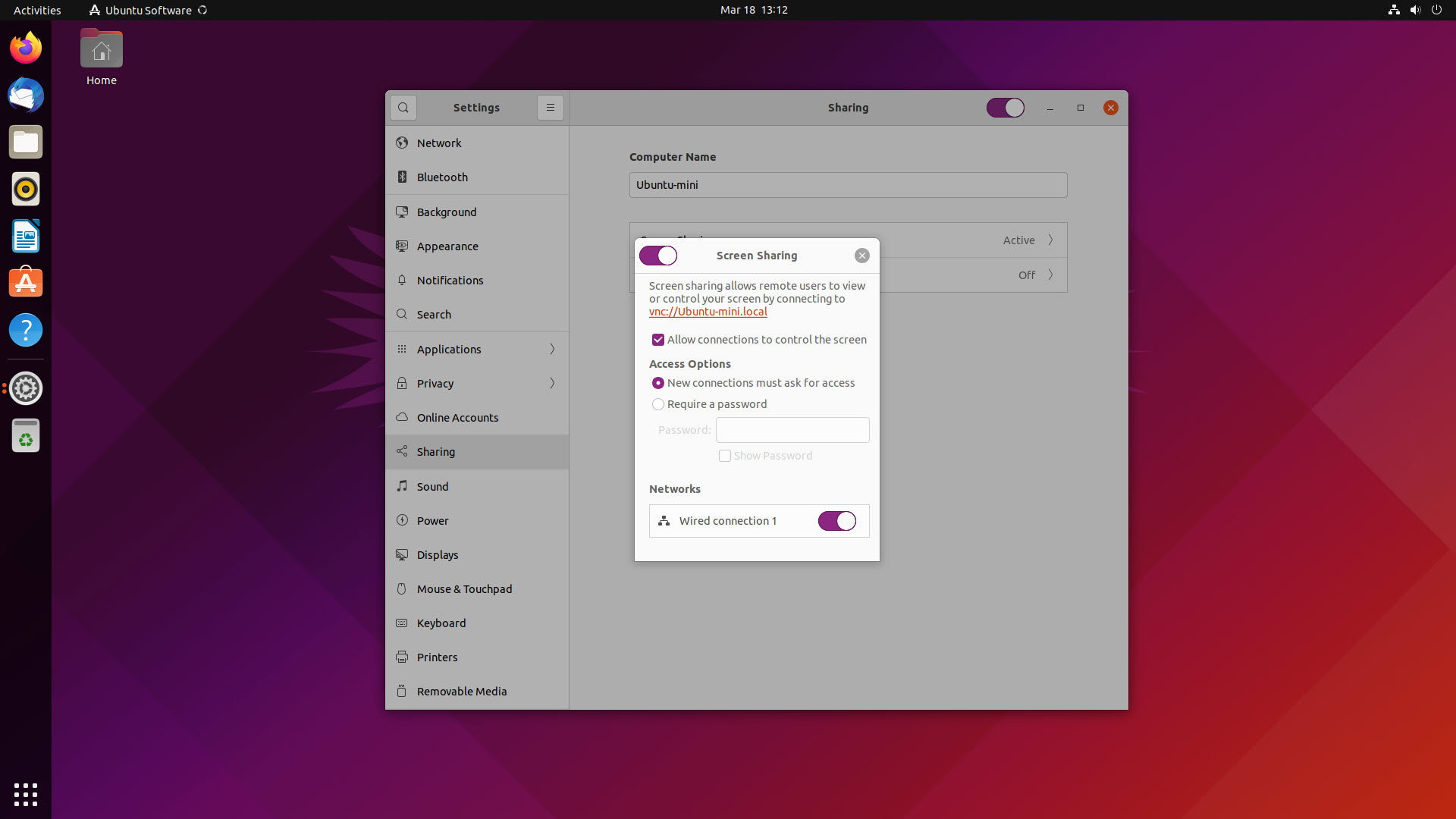Cuplikan layar pengaturan Berbagi Layar di Ubuntu