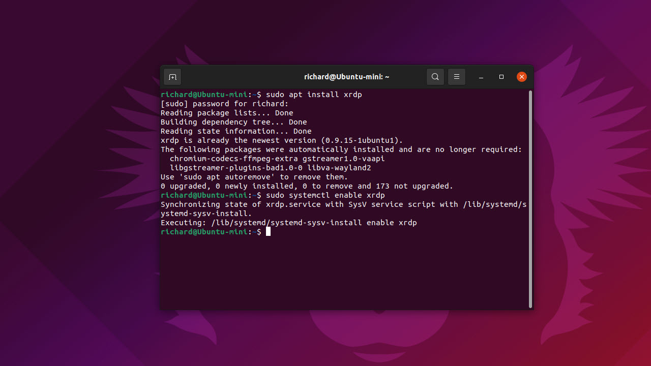 Tangkapan layar dari perintah untuk menginstal xRDP di Ubuntu