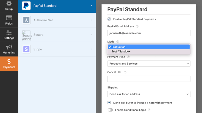 选中启用 PayPal 标准付款框 Check the Enable PayPal Standard Payments Box