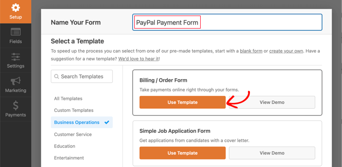 选择账单/订单模板 Select the Billing / Order Form Template