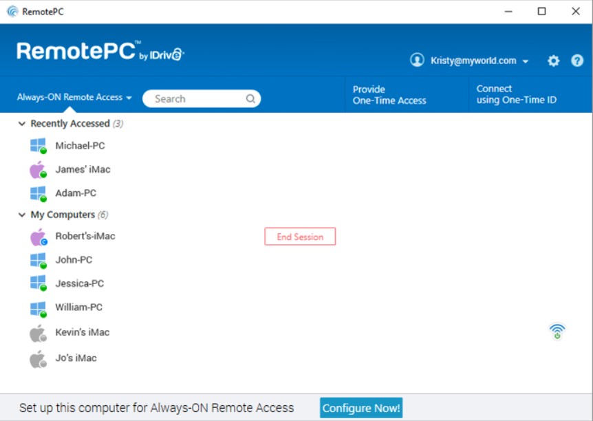 RemotePC 主屏幕的屏幕截图，为一台计算机启用 LAN 唤醒