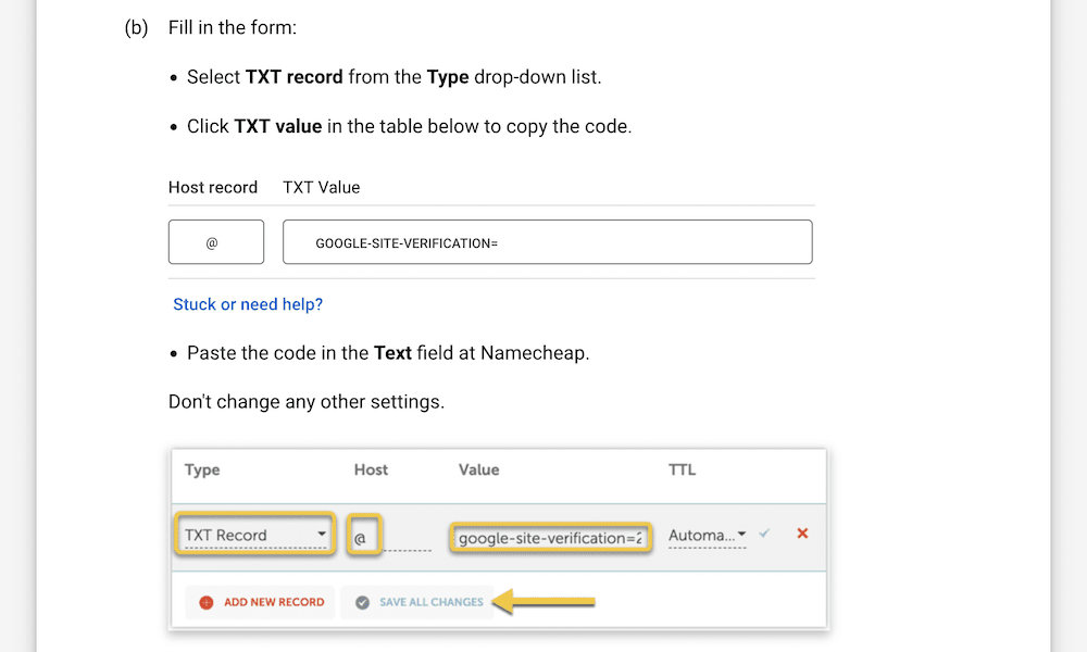 คำแนะนำของ Google ในการเพิ่มระเบียน TXT ให้กับผู้รับจดทะเบียนโดเมนของคุณ