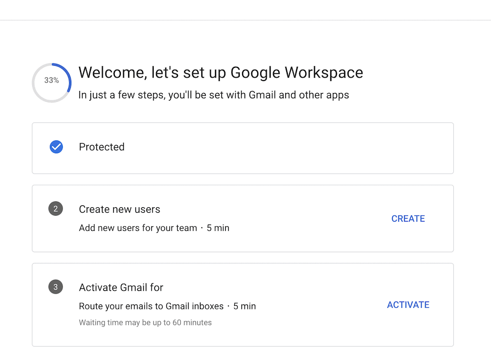 วิซาร์ดการตั้งค่าสำหรับ Google Workspace เสร็จสมบูรณ์ 33 เปอร์เซ็นต์