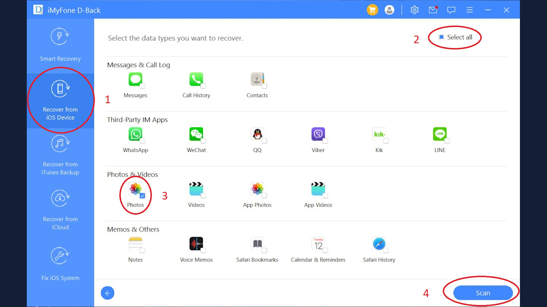 Capture d'écran de l'onglet Récupérer d'iMyFone D-back à partir de l'appareil iOS