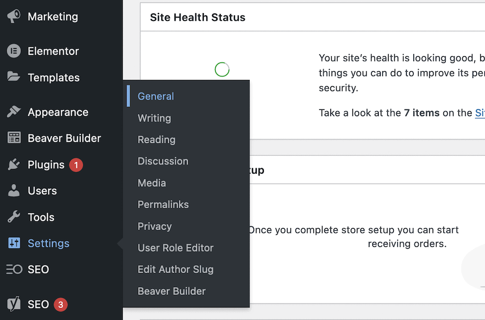 Le lien Paramètres dans WordPress.