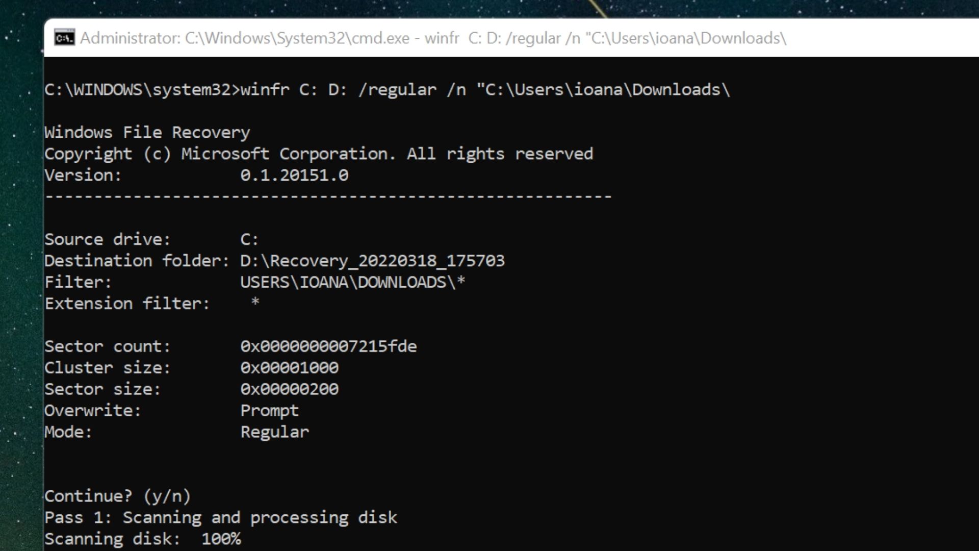 Windowsファイル回復コマンドラインのスクリーンショット