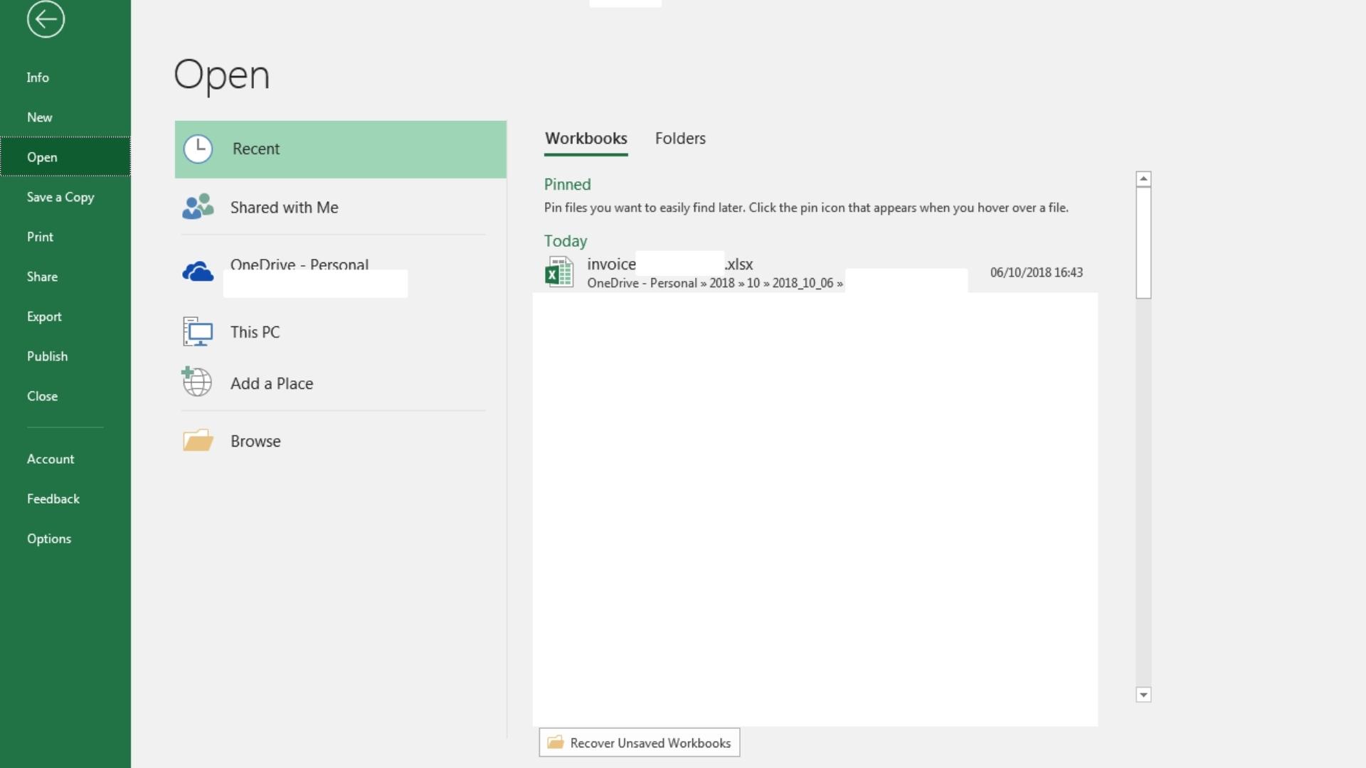 Tangkapan layar tampilan file terbaru di Microsoft Excel