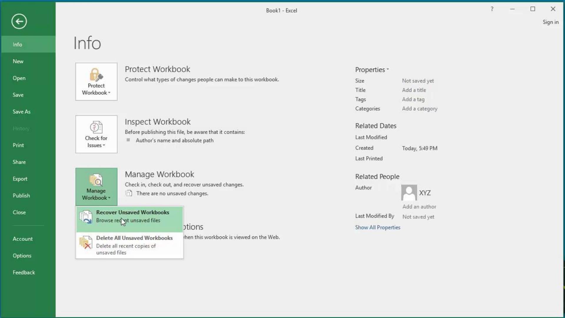 Cuplikan layar menu tarik-turun yang menunjukkan opsi untuk memulihkan buku kerja yang belum disimpan di Excel