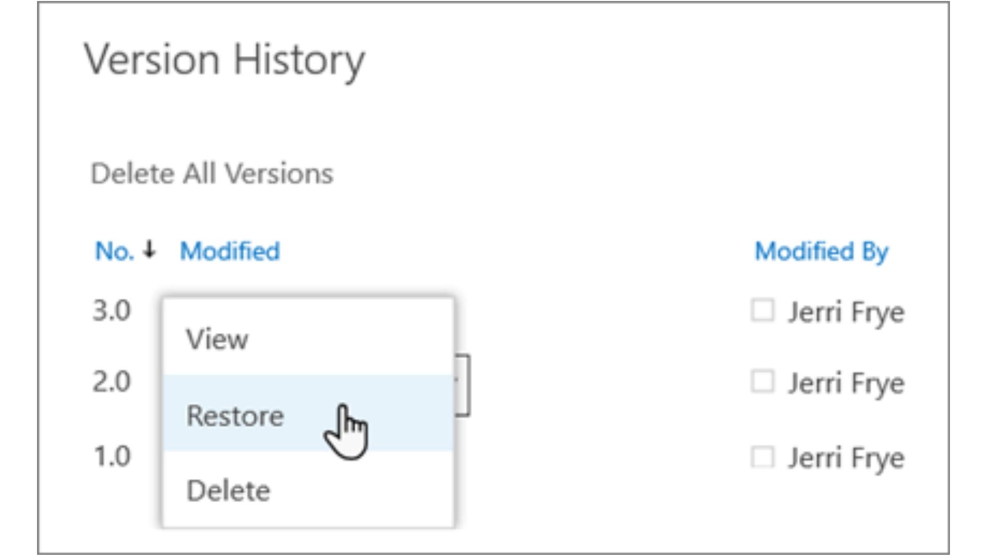 Cuplikan layar menu tarik-turun riwayat versi di OneDrive