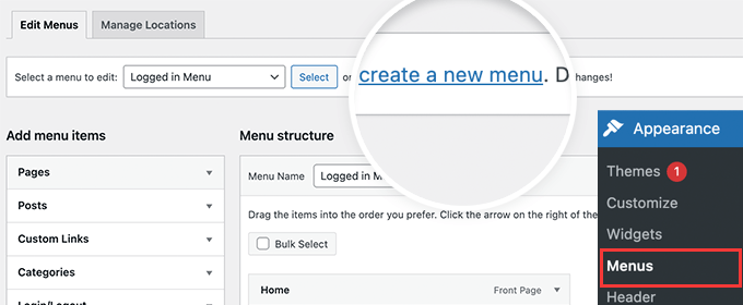 Crea nuovo menu Create new menu