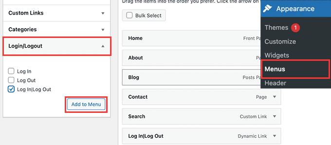 Aggiungi il collegamento di accesso o disconnessione al menu specifico di WordPress Add login or logout link to specific WordPress menu