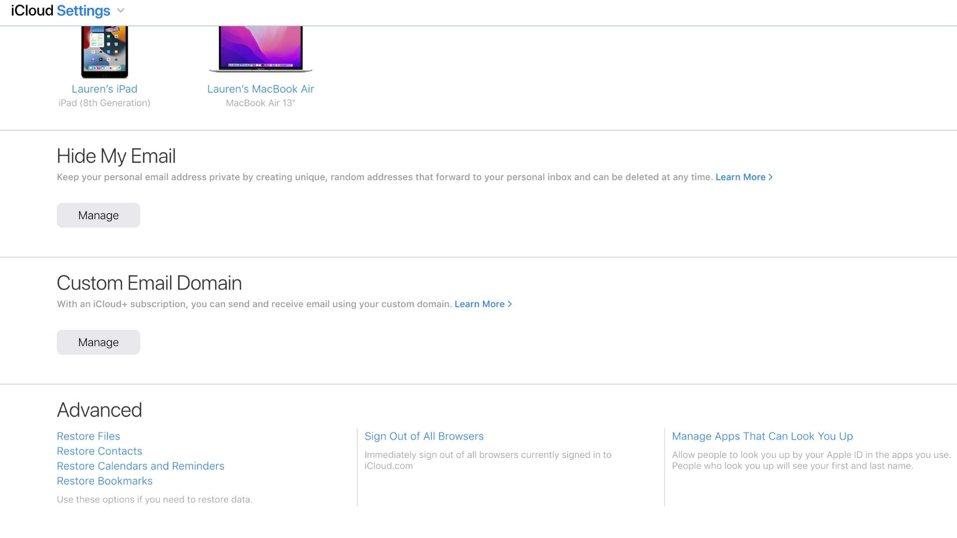 إعدادات iCloud المتقدمة لاستعادة جهات اتصال iPhone
