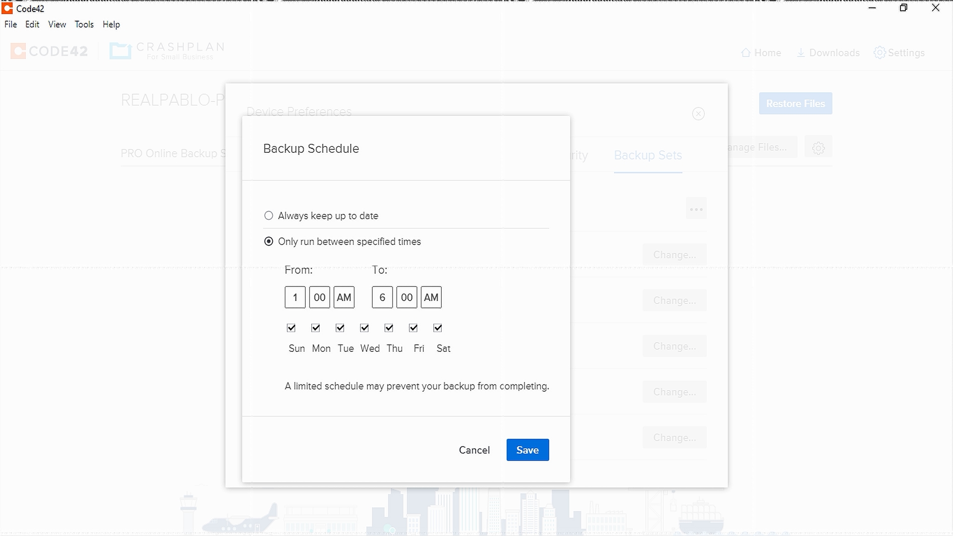 Captura de pantalla de la configuración emergente del programa de copia de seguridad de CrashPlan