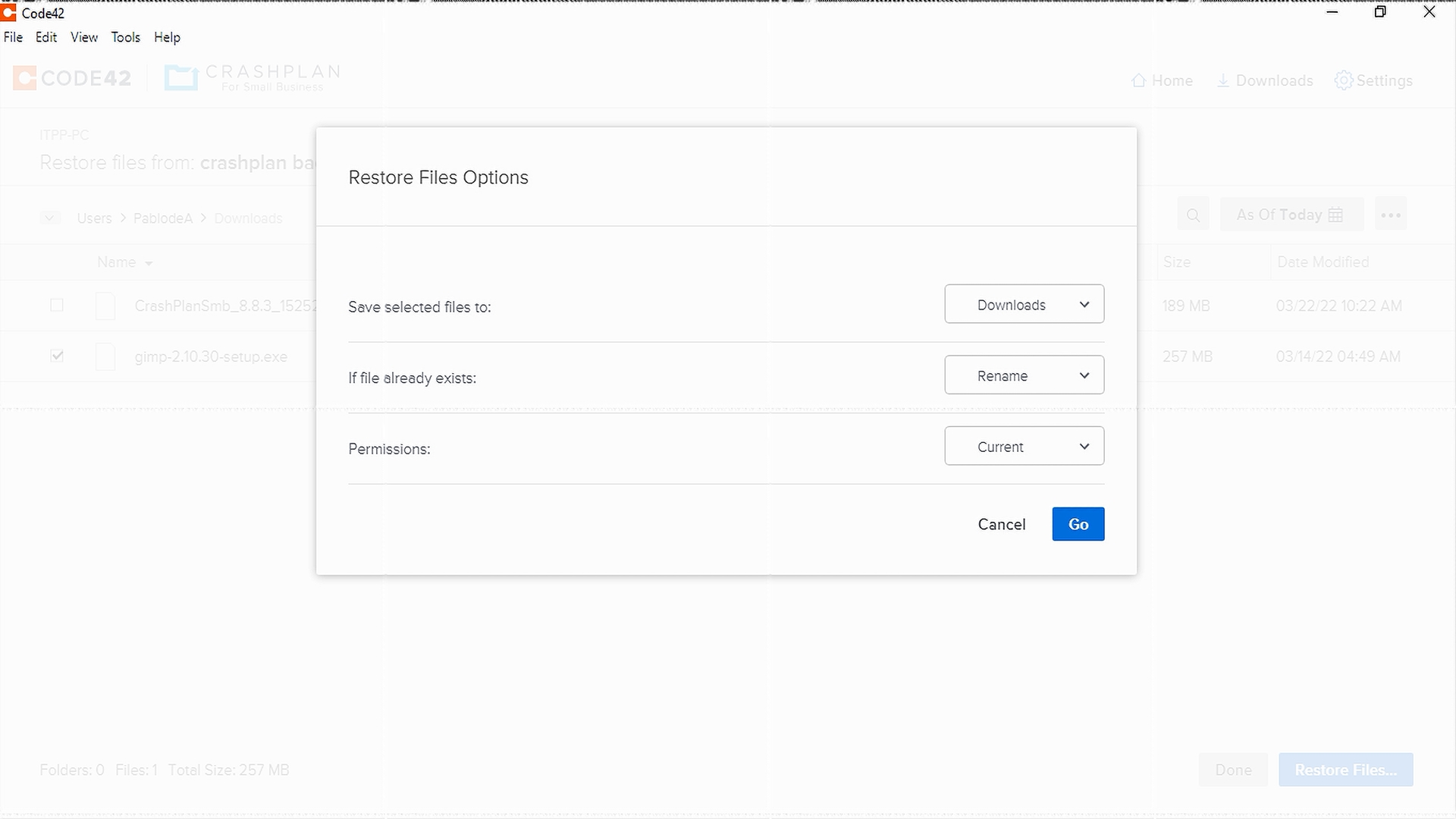 Captura de pantalla de la configuración emergente de restauración de archivos de CrashPlan