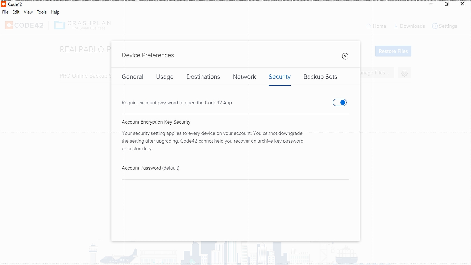 Captura de pantalla que destaca la configuración de seguridad de CrashPlan