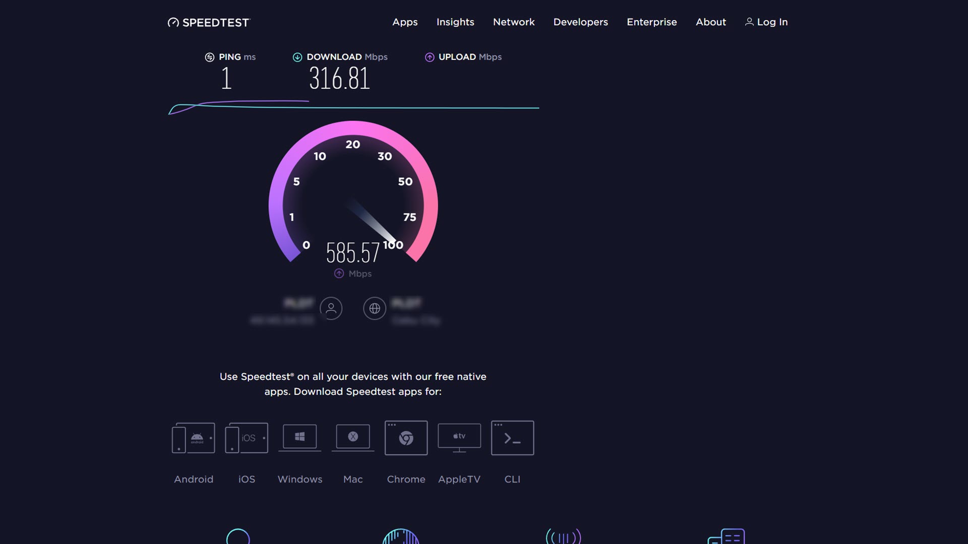 在 Speedtest 网站上进行速度测试