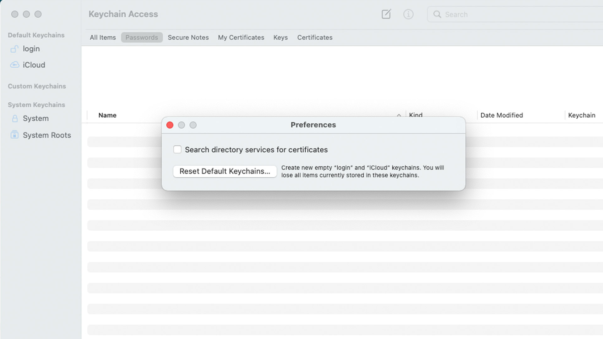 Jendela pop-up Atur Ulang Rantai Kunci Default Saya di app Akses Rantai Kunci di Mac