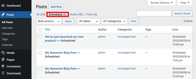 wordpress-schedule-list The Scheduled tab, in the WordPress dashboard.