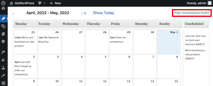 mostrar-borradores-no-programados The Show/Hide Unscheduled Drafts link, in the WordPress dashboard