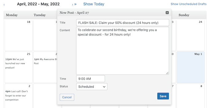 ventana emergente del calendario editorial Scheduling a post in WordPress using the Editorial Calendar plugin