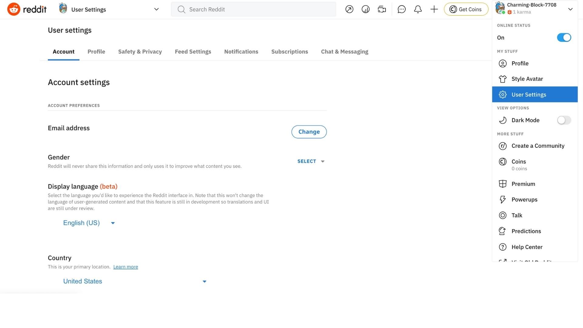 Reddit 用户个人资料上的帐户设置
