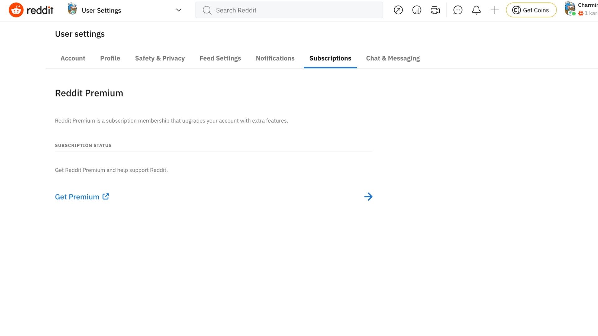 Reddit 用户设置下的付费订阅选项卡