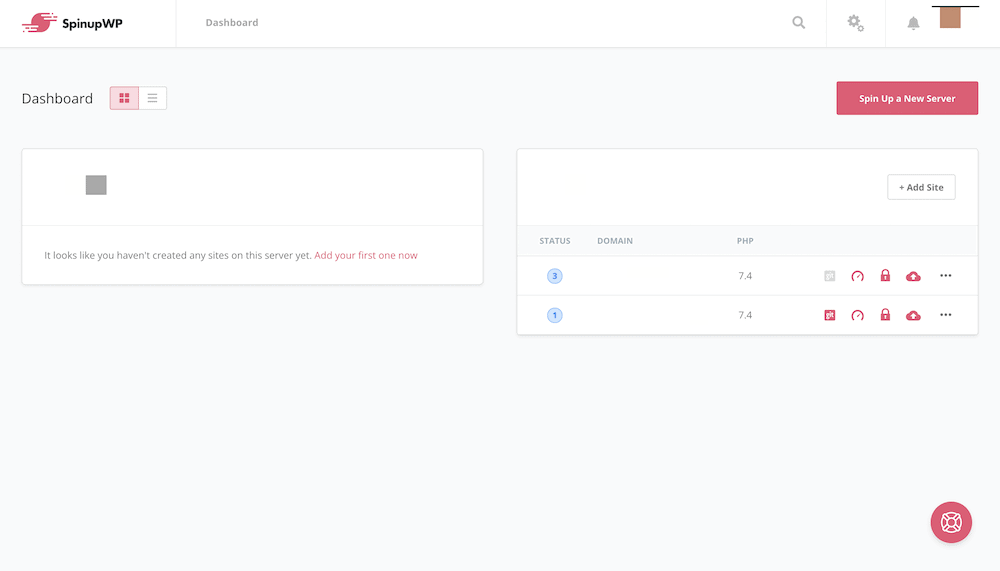 填充的 SpinupWP 仪表板。