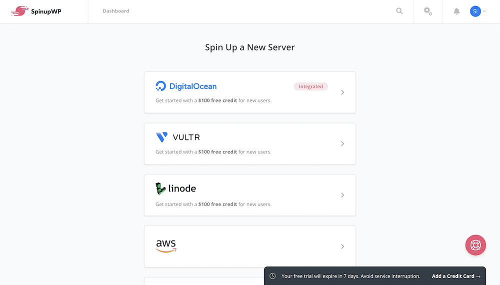 在 SpinupWP 中选择云服务器。