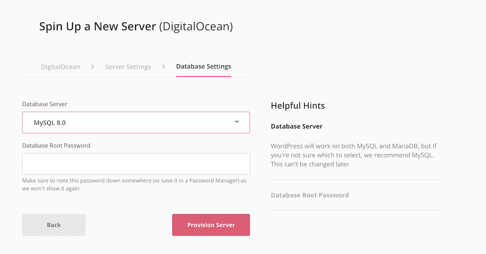 选择在 SpinupWP 中设置新数据库的选项。