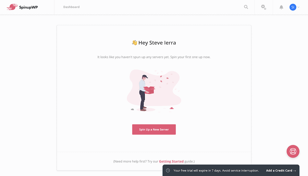 SpinupWP 仪表板,在安装站点或服务器之前。