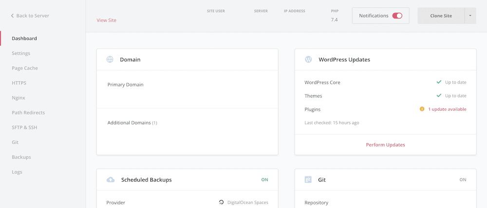 SpinupWP 中单个站点的仪表板。