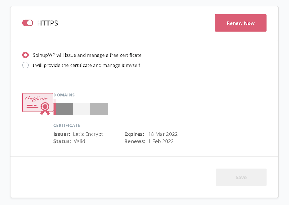 SpinupWP 的证书管理选项。